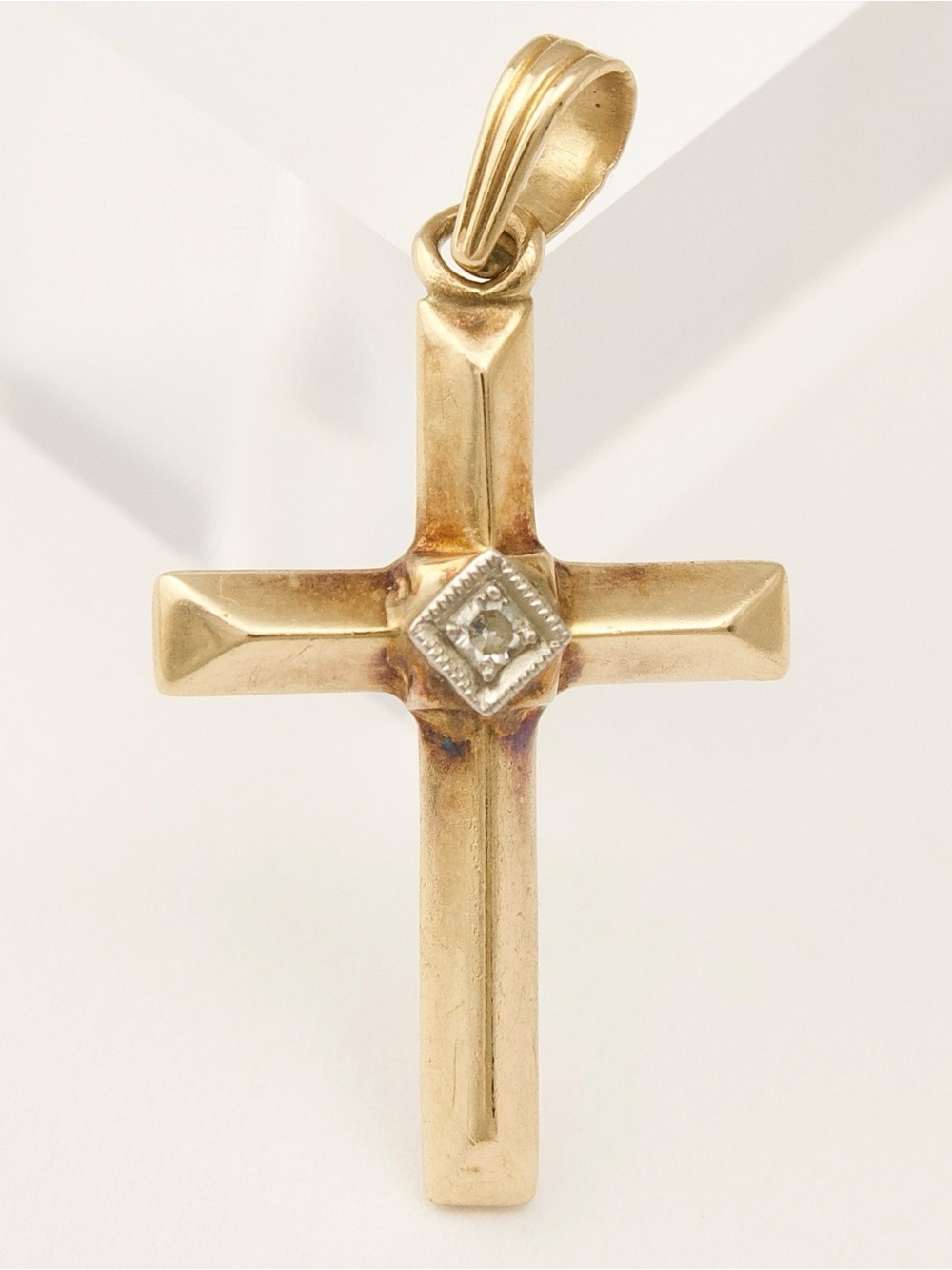Vintage Genuine Diamond and 10K Yellow Gold Cross Necklace Pendant Mid-Century